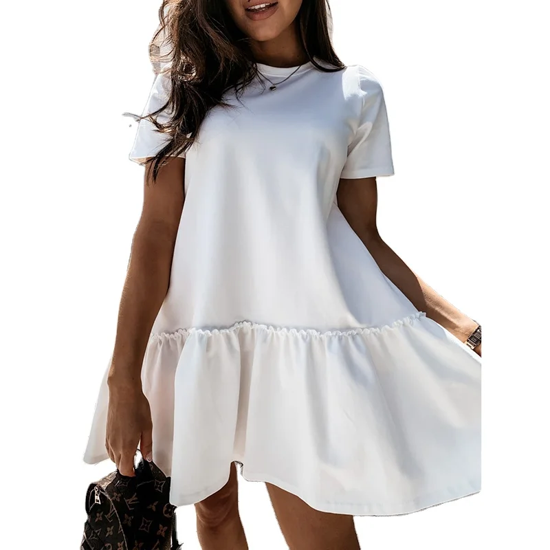 
Pure cotton dress loose casual short-sleeved mini dress women summer O-neck ruffled big hem beach style dress solid color 