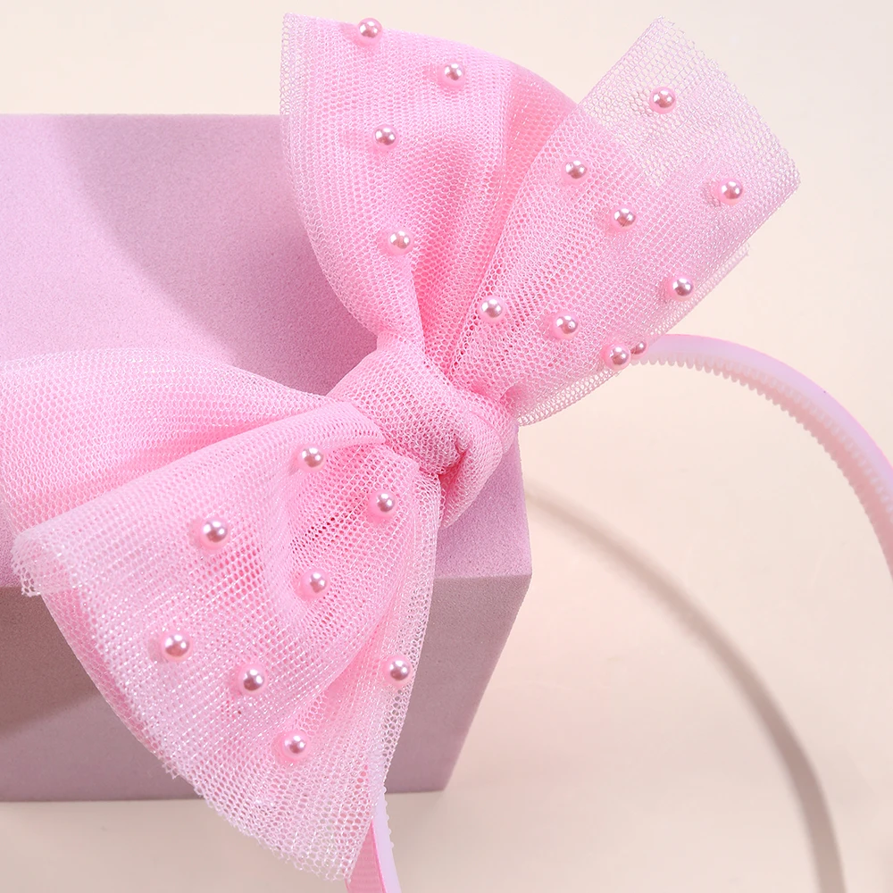 CN Sweet Barrette Mesh Pink Hair Bow for Kids Girls Hairband Boutique Pearl Teeth Headband