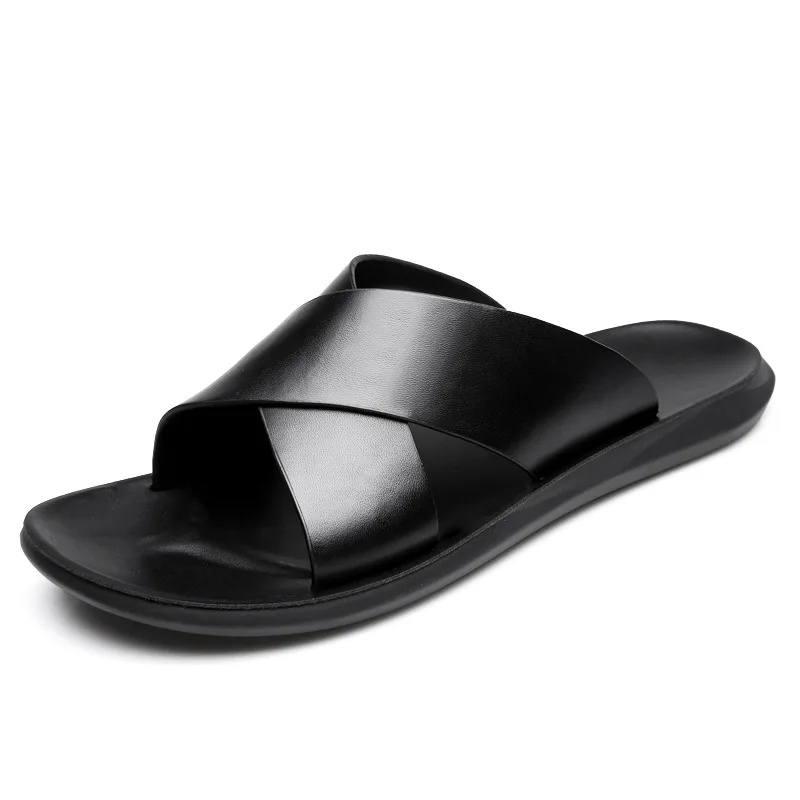 Wholesale Custom Man Black Suede Sandal Shoes Mens Beach Fashion Casual outdoor Leather Slides Slipper