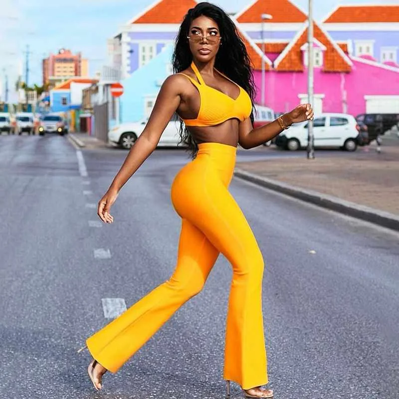 
D8224#5colors Sexy V-neck vest slim flared pants bandage 2 piece set for women 