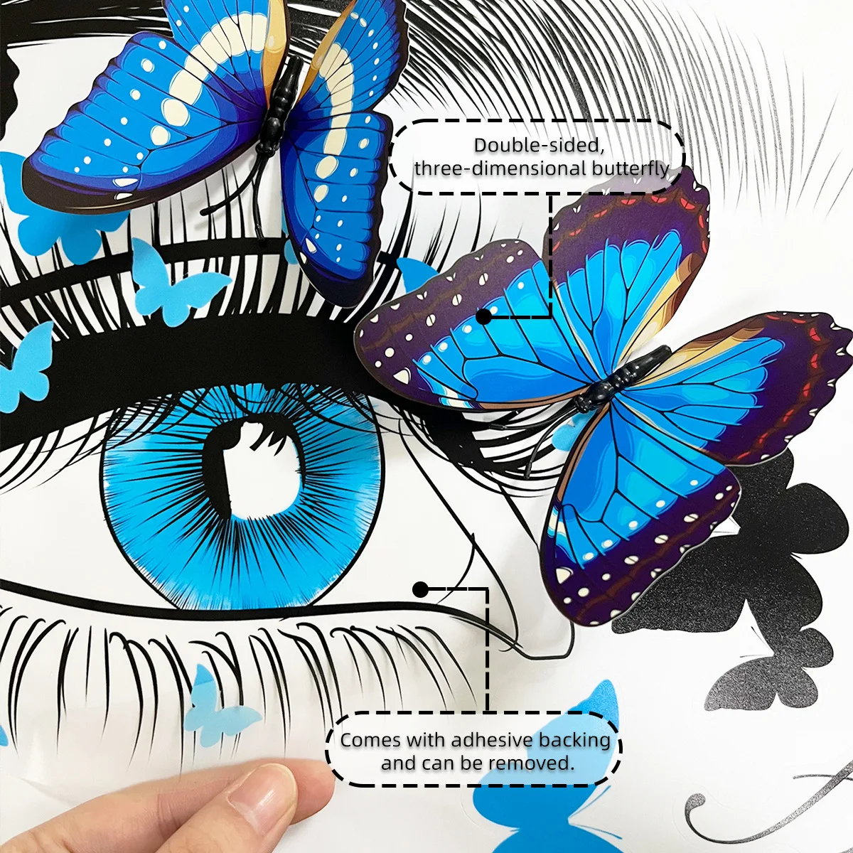 Simple Blue Beauty Eyes Flying Butterfly Wall Stickers Plus 12 3D Blue Butterfly Stickers Decorative Wall Stickers