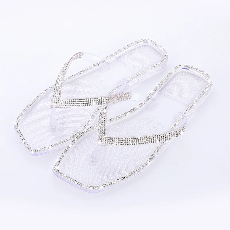 Шлепанцы женские с квадратным носком, сандалии-желе с кристаллами, плоская подошва, уличные тапочки, Цвет Алмаз