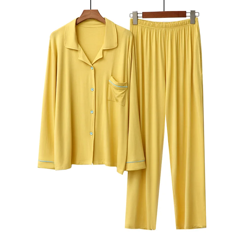 Aoyema Women Home Wear Clothing Long Sleeve Pajamas Sets Nightgown Sleepwear Solid Casual Nightwear Female Lapel Pyjamas