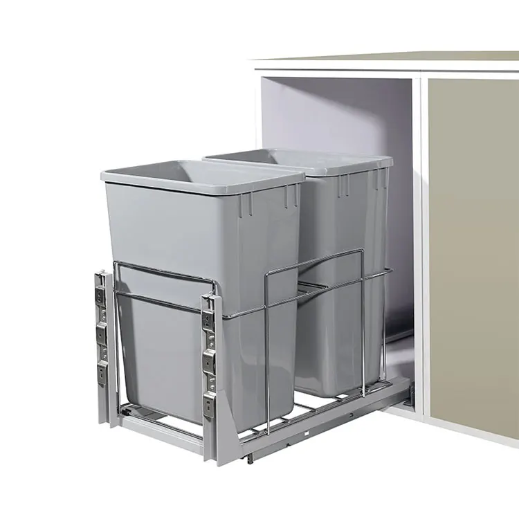 High Quality Eco Friendly Big Volume Kitchen Pull Out Soft Closing Plastic Waste Bin Mounted Concealed Storage Shelf