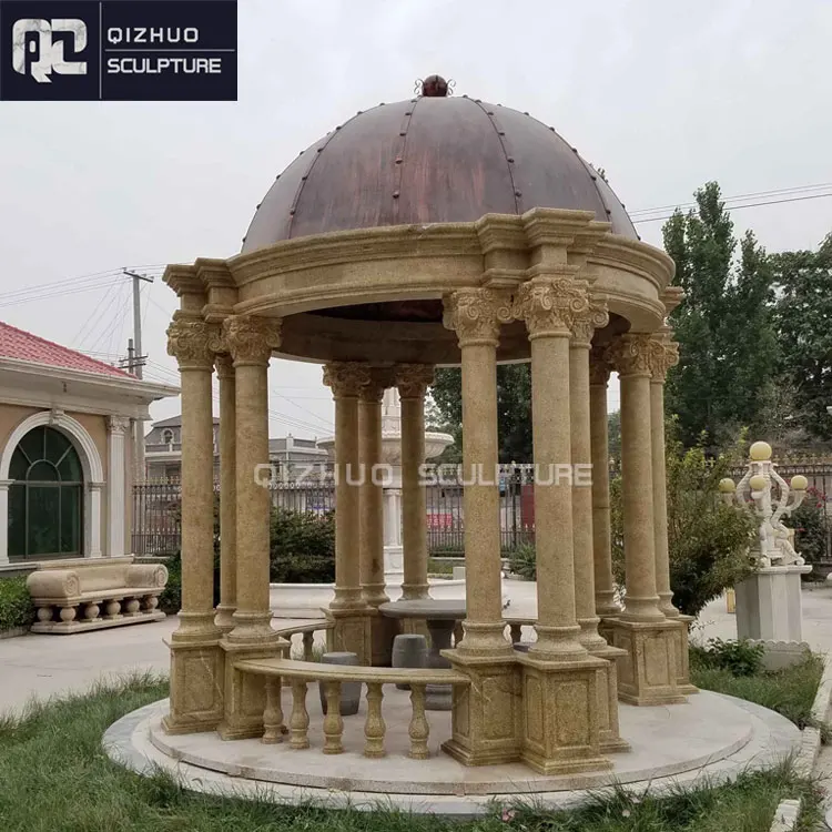 Garden Decor Classic Design Hand Carved Beige Sandstone Roman Column Marble Pavilion Gazebo With Iron Roof