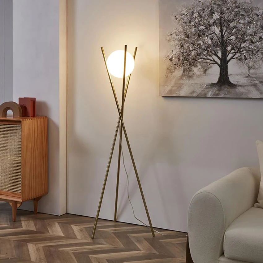 Mid Century Modern Contemporary LED Standing Light for Bedroom Living Room Hotel Brass Gold Glass Globe Floor Lamp