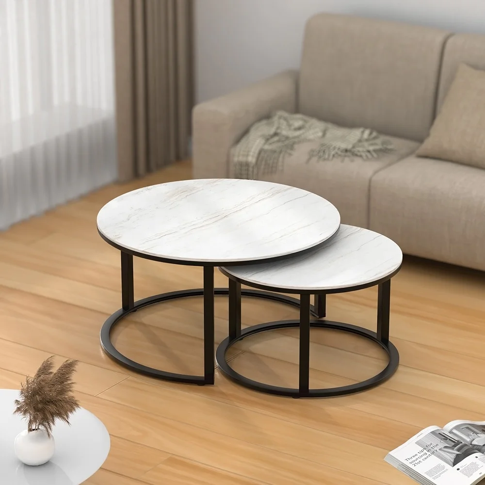 European Luxury Modern Designer Clear Round Marble Black Glass Convertible Coffee Table With Gold Steel Legs