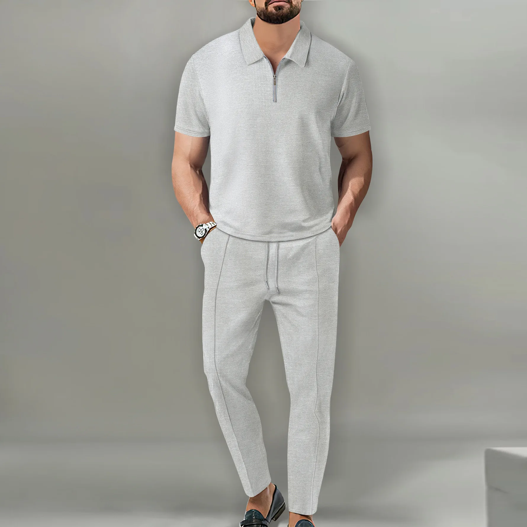 Designer Fashion Stylish Luxury 2 Piece Set for Men Waffle Polo Zipper Tshirt and Pants Two Piece Suit