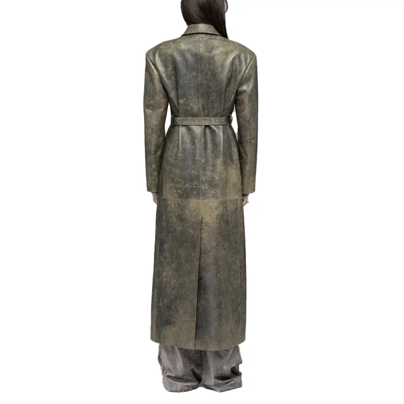 New Arrivals Wholesale Fashion Vintage extra Long Leather Coat With Its Webbing Tape Reinforced Backside and Metal Eyelets