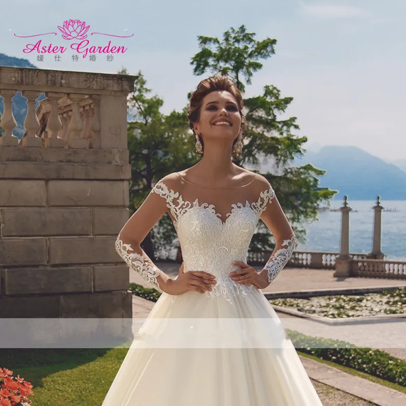 Aster garden Illusion A-Line Wedding Dress Invisible Neckline Long Sleeve Bridal Dresses Court Train Elegant Princess Bride Gown