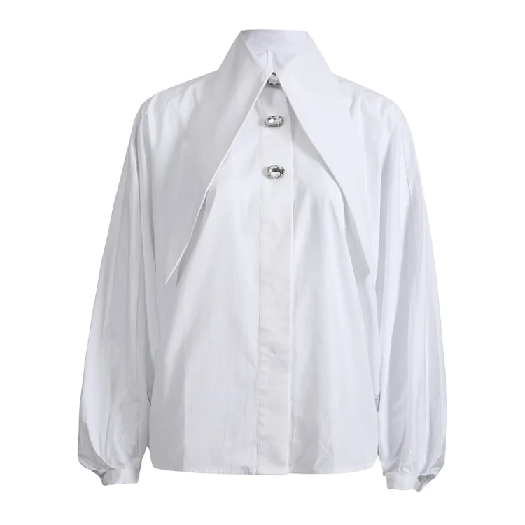 High Quality Autumn Retro Loose Lantern Sleeve Gemstone Bright Rhinestone Long Collar White Shirt