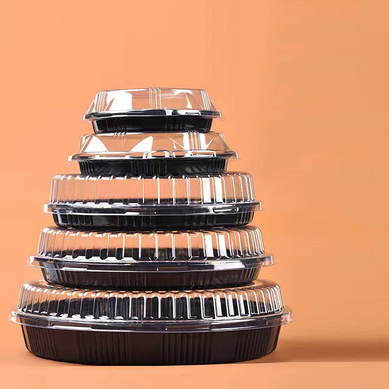 Black Plastic Container Sealed Buckle Food Packaging Round Tray sushi box