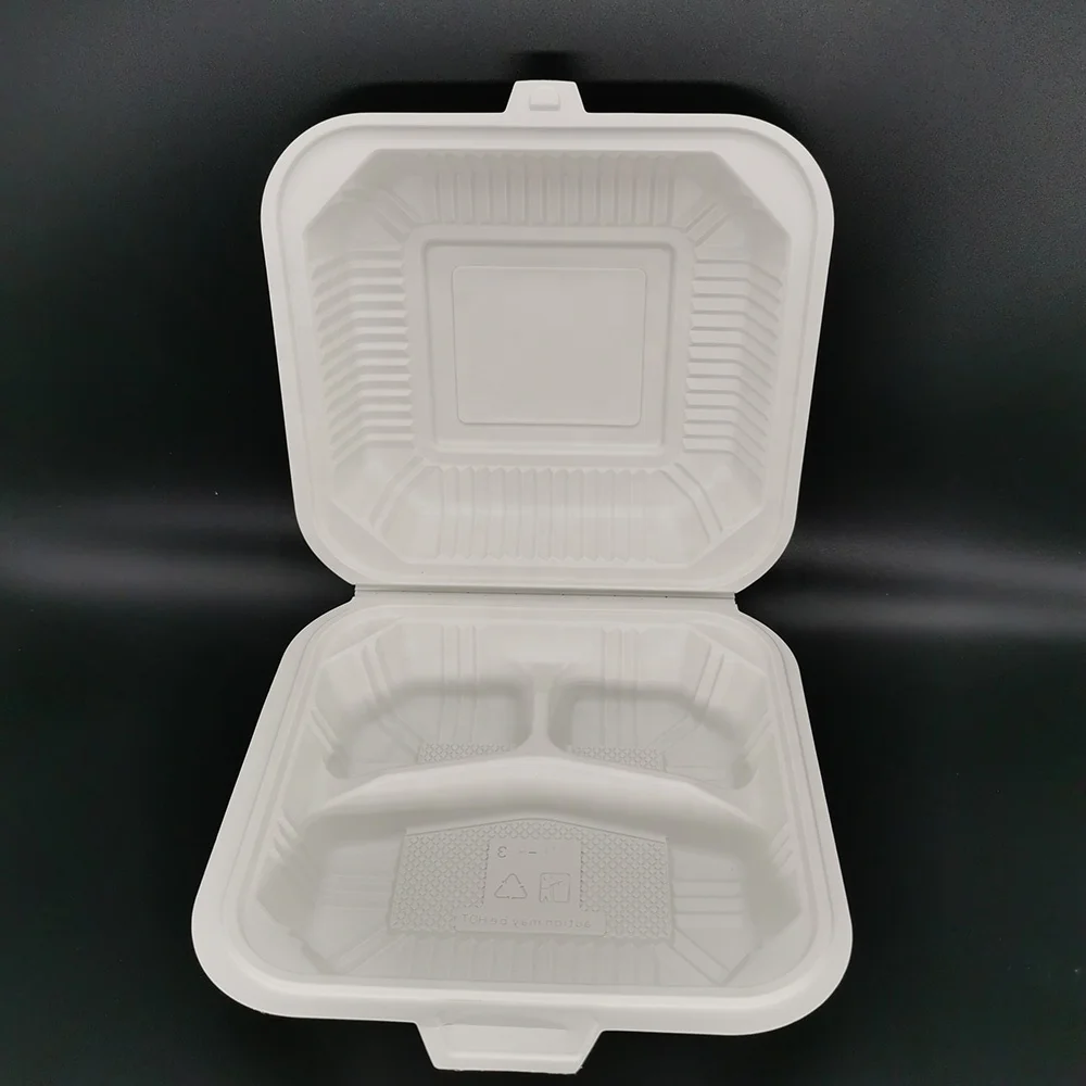 Eco-Friendly Corn Starch Takeaway  Fast Food Packaging Box 8 Inch Clam Shell Containers 3 Section Disposable Hinged Lid Food Con