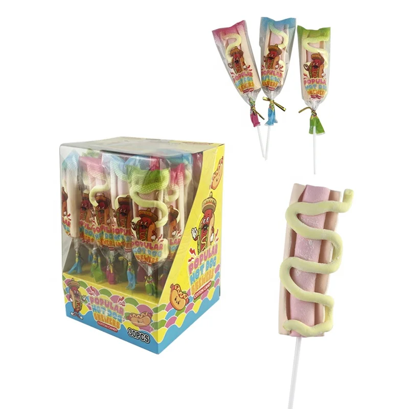 wholesale Halal Hot dog cheese Shape Marshmallow Lollipops Candy Colored Marshmallow