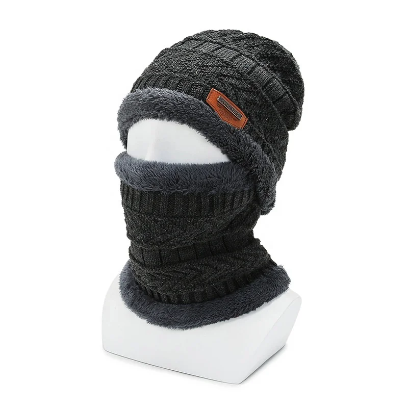 Factory Wholesale Winter Knitted Hat And Scarf Set Fleece Lining Slouchy Beanie Bonnet With SONG TING Leather Patch