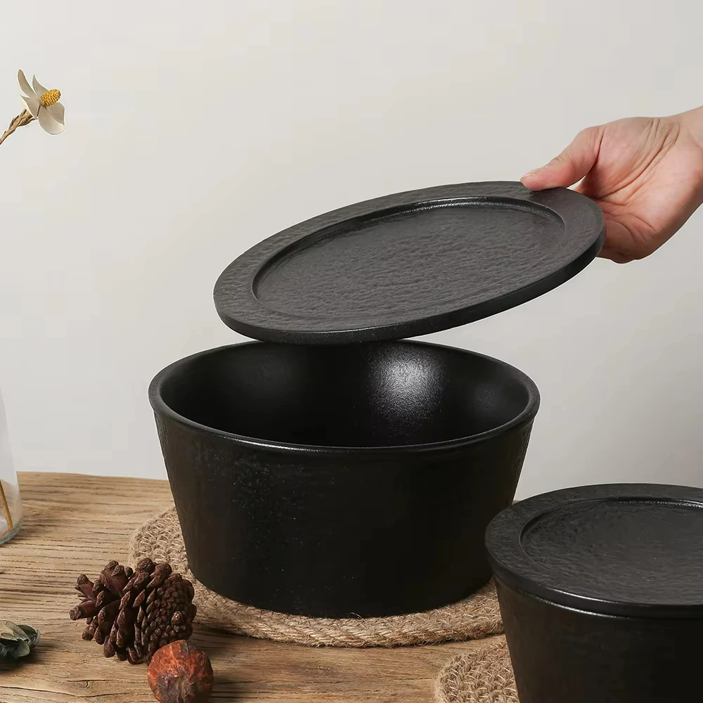 3500 ml 10 inch Stackable Glaze Black Ceramic Large Salad Bowl with Lid Fruit Bowl for Kitchen