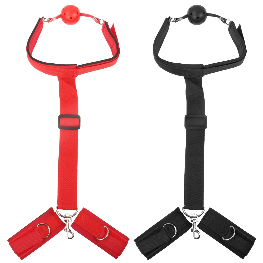 Sex SM Nylon back handcuffs mouth ball gag plug bondage neck cuffs collar binding strap