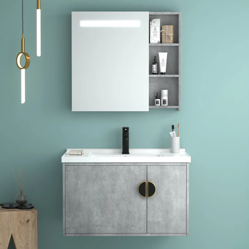 Рок плиты интегрированный таз интеллигентая (ый) Зеркало выдвижными полками на стены для ванной комнаты из твердого дерева простой