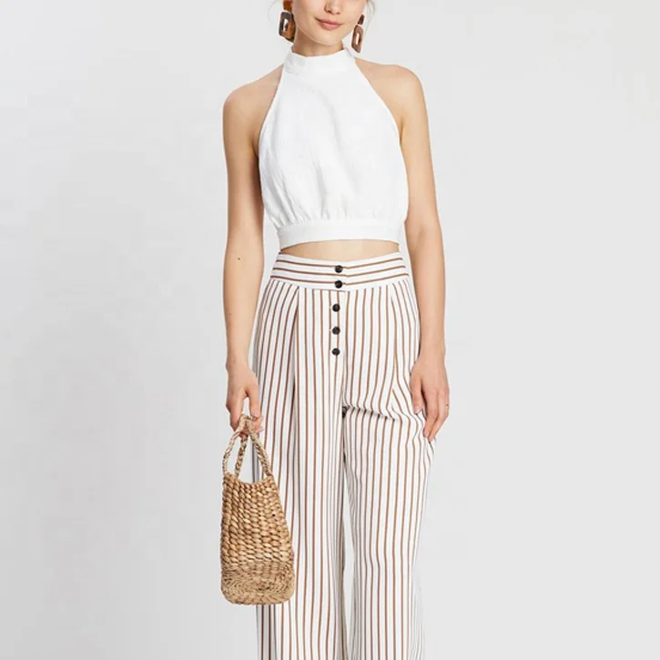 
OEM pure cotton sexy blouse sleeveless and backless halter neck top 