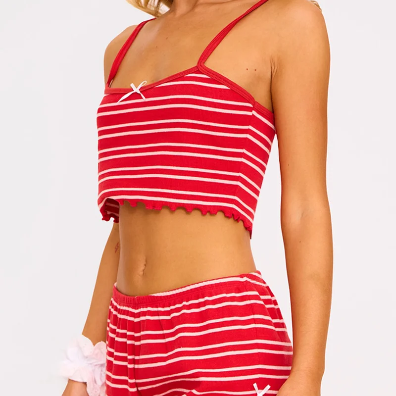 Custom Strip Cotton Pajamas Set Two-pieces Sleeveless Customized Sexy Women 2 Piece Sleepwear