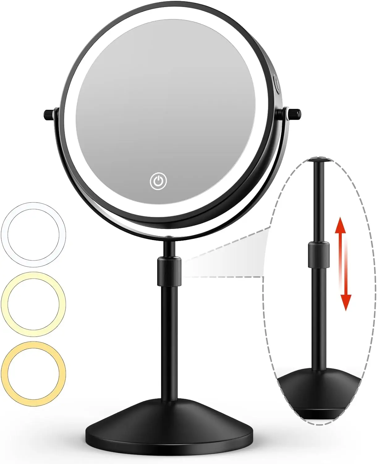 Black Color Metal Framed Dressing Table Free Standing Rechargeable 10X Makeup Magnifier Mirror with Light