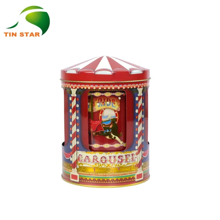 Custom Music Metal Chocolate Candy Packing Carousel Musical Tin Box With 3 Window