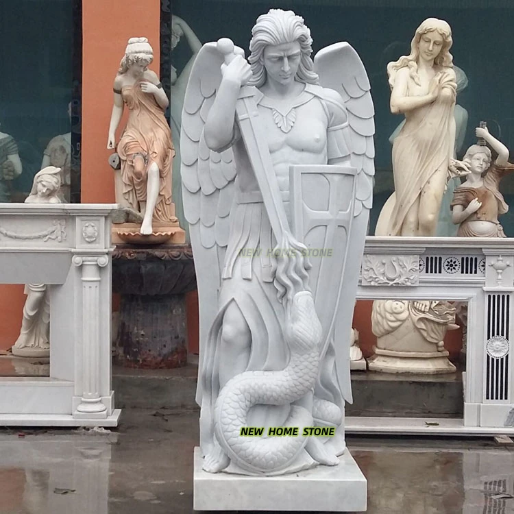Church White Marble Hand Carve Customize Saint St. Michael Garden Angel Sculpture Archangel Statue