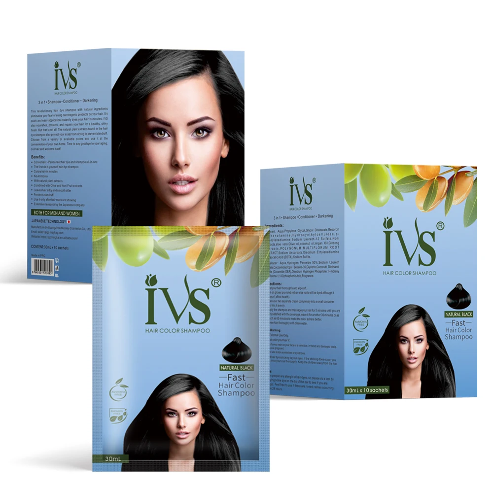 IVS OEM In Stock Daily Use Professional No Side Effect Without Ammonia Dark Brown Hair Color Shampoo 30ml Sachet Hair Color