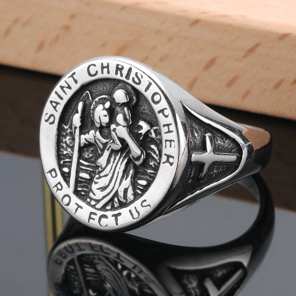 2024 vintage fashionable Stainless Steel Saint Christopher Ring for Men punk biker amulet Christian jewelry on sale