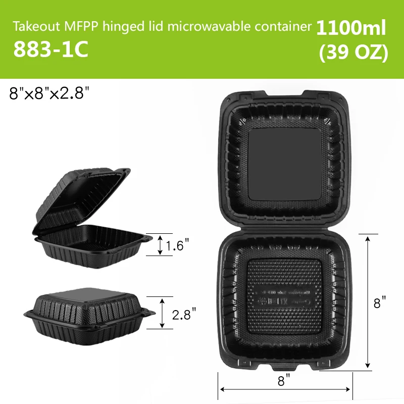 pp801 to go 8 x 8 inch mfpp hinged lid microwave food containers eco-friendly  food packing black color heavy duty clamshell