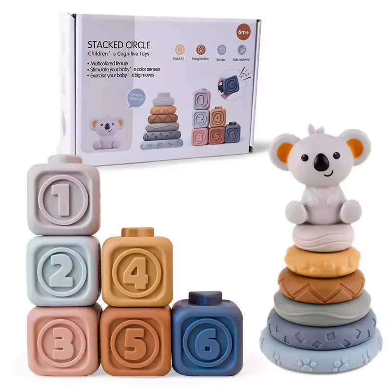 New Teething Learning Silicone Stacking Tower, Silicone Stacking Blocks Toy, Soft Stacking Blocks For Baby Montessori Sensory
