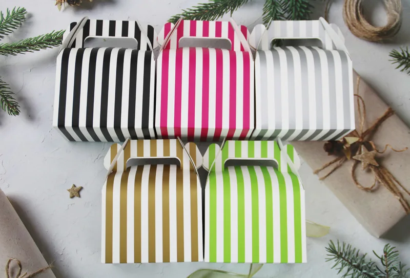 New Design Multi Colors Vertical Stripes Bright Colors Gable Box Portable Tote Paper Candy Cheese Cake Box
