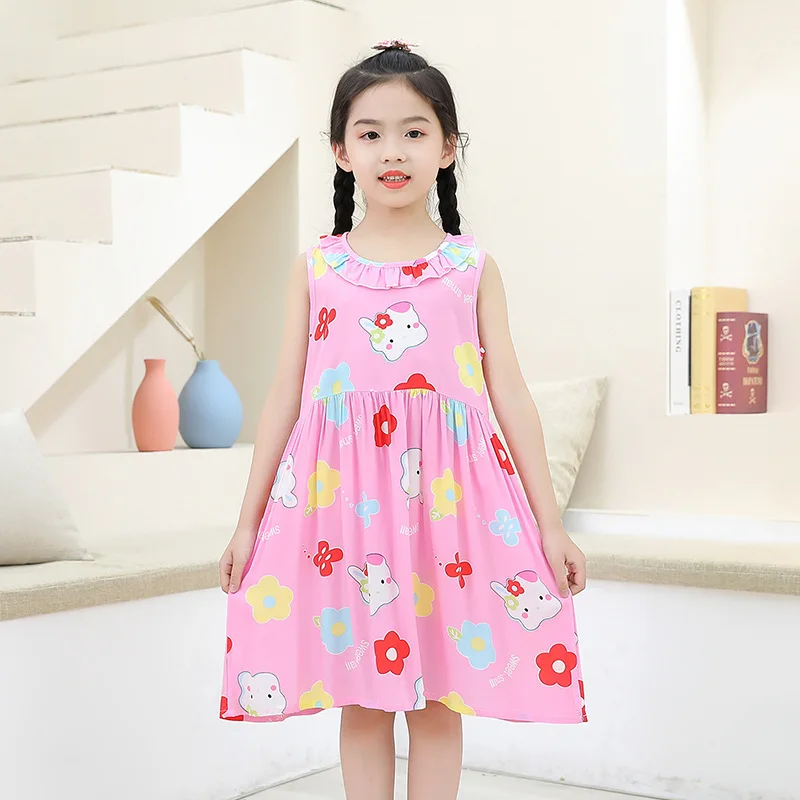 Детское платье для девочек, хлопковое шелковое платье принцессы с круглым вырезом, цветочный сарафан, ночная рубашка