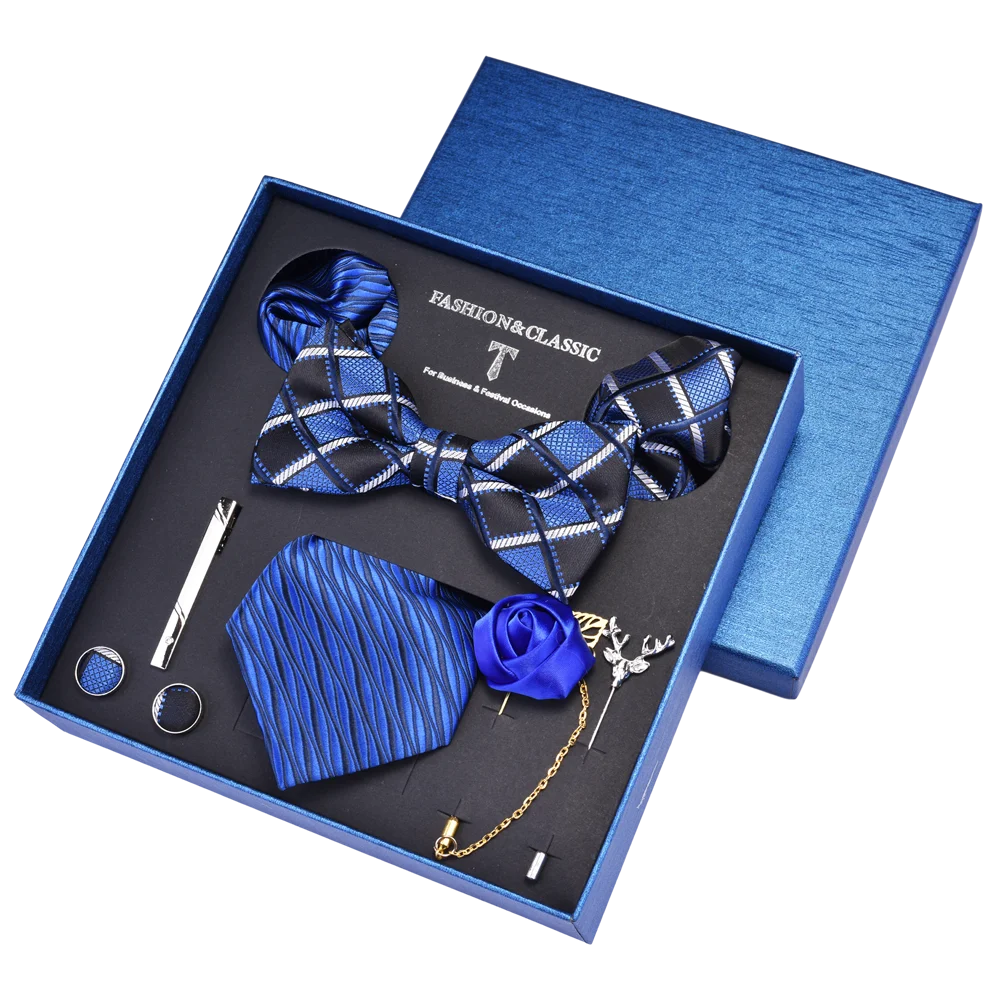 Custom Mens Necktie Bowtie Pocket Square Lapel Pin Cufflinks Tie clip Sets Wedding Tie with Gift Box Set 8pcs Silk Tie Set