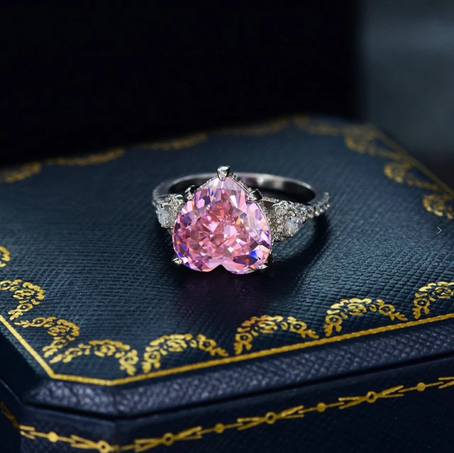 Pink Heart Diamond Engagement Ring Heart Cut Pink Sapphire Ring in Sterling Silver