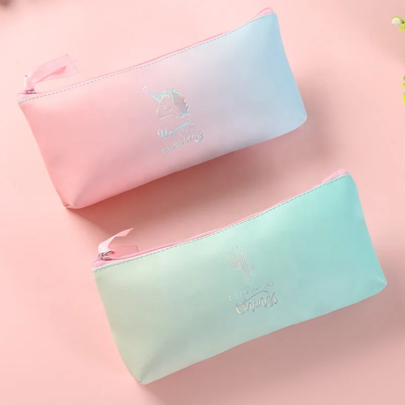 Fabric Pink Girl Hot Stamping Printing Shiny Powder Blue Laser Unicorn Cactus Student Pencil Case Pencil Bag