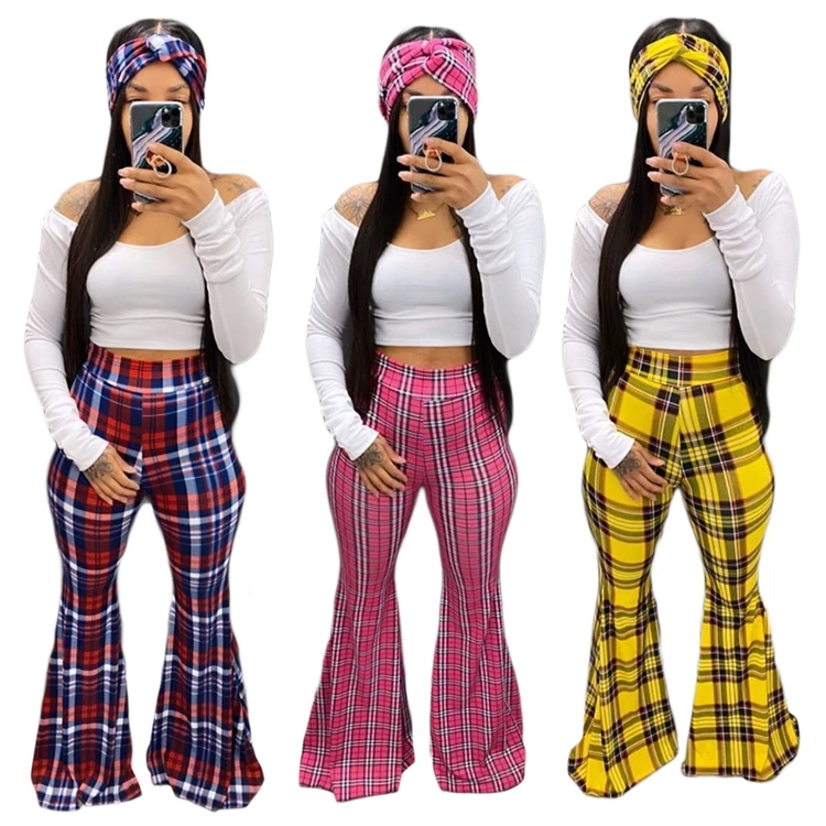 2020 matching women set high waist cotton knitted stripe plaid flare leg pants and women top scarf three piece set