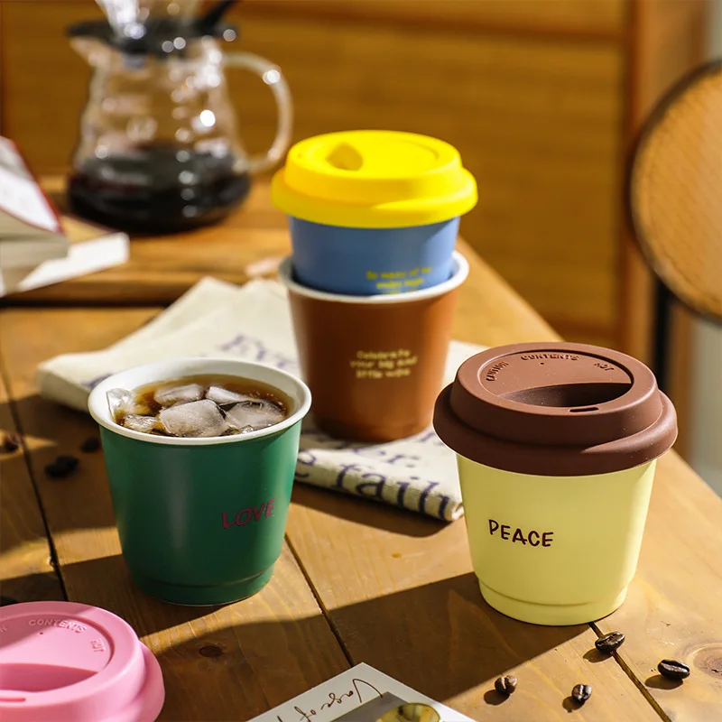 Multi color ceramic coffee mug with silicone lid 250ml