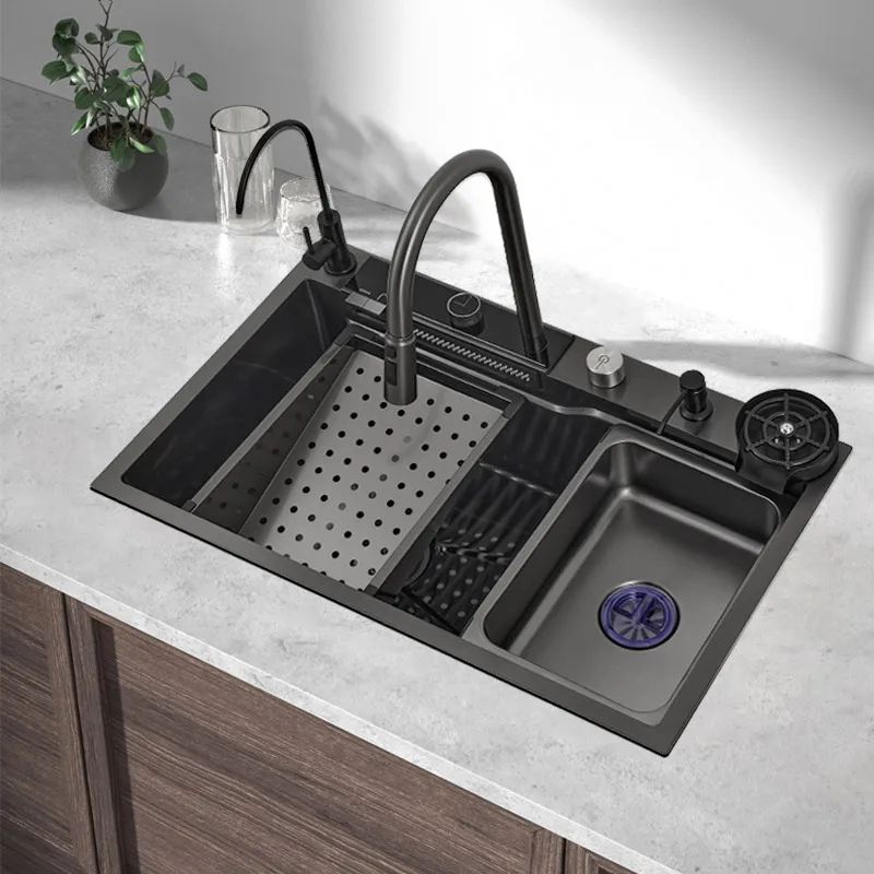 Hot cold mixer flexible single bowl smart kitchen sink with cup washer faucet