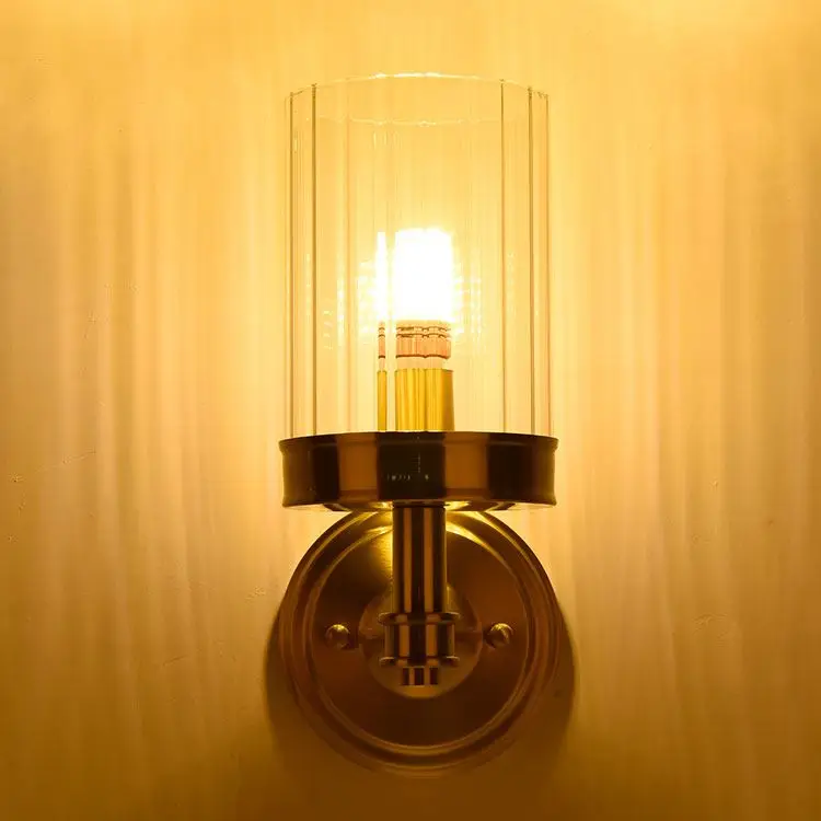LED modern simple atmospheric indoor household hotel bedroom corridor copper E14 lamp single large column glass wall lamp