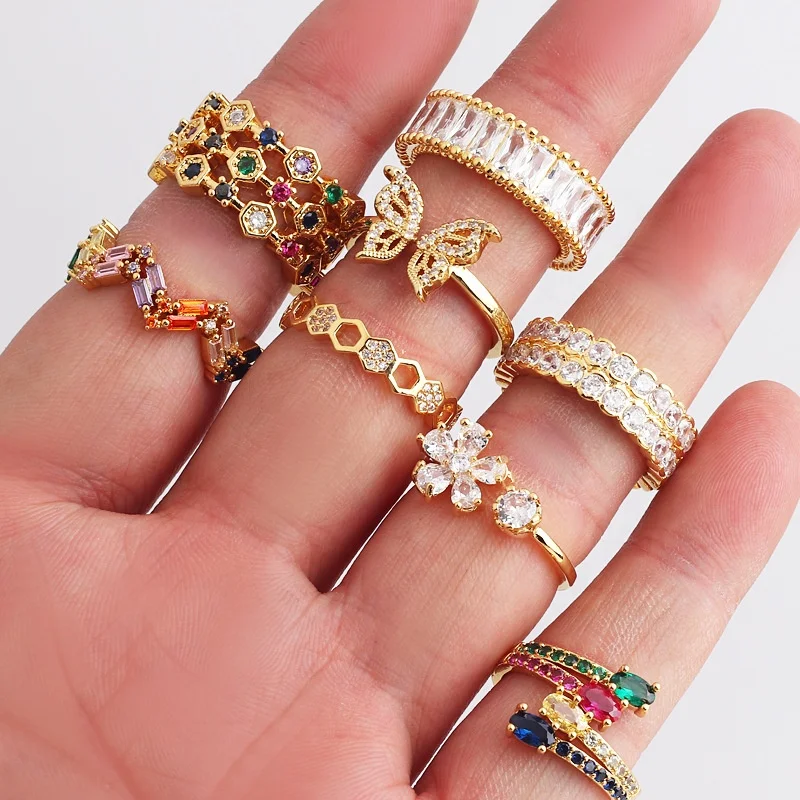18K Gold Plated Cubic Zirconia Rings Adjustable Open Shiny Rainbow CZ zircon Stone Paved Stackable Eternity Wedding Band Ring