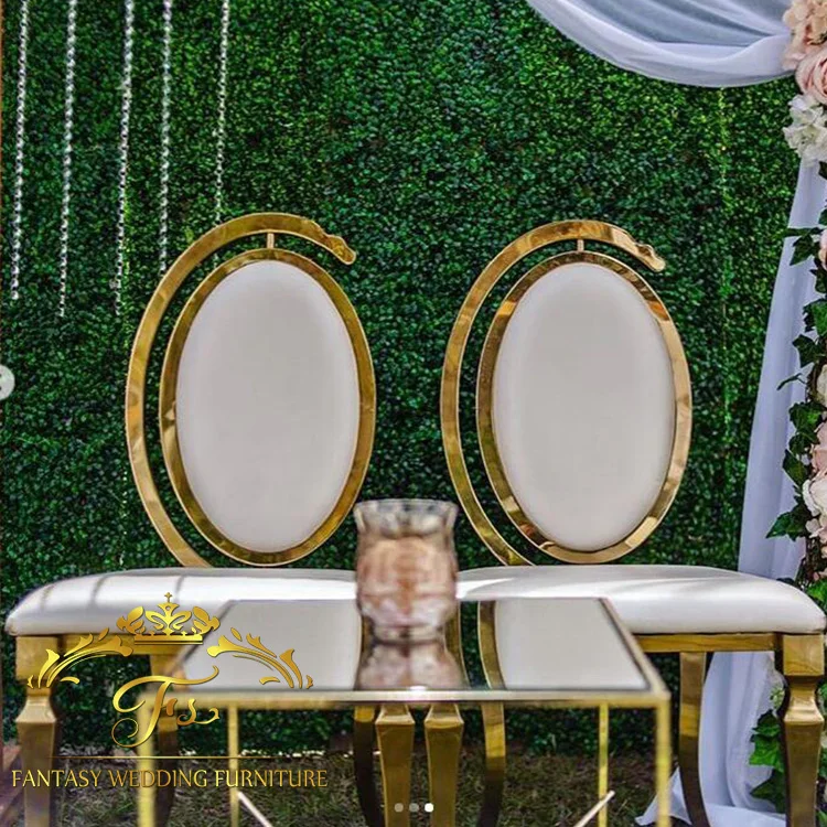 golden high back stainless steel wedding throne chairs with leather cushion for sale