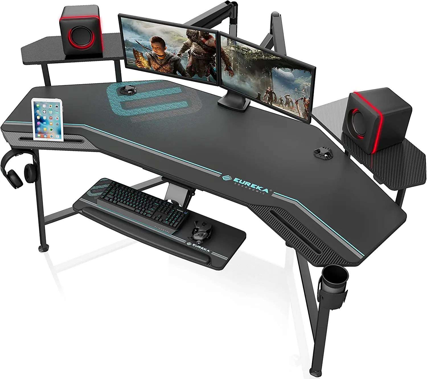 Led Lights Wing-Shaped Studio Desk W Keyboard Tray Monitor Stand Dual Headphone Hanger Cup Holder Gaming Desk