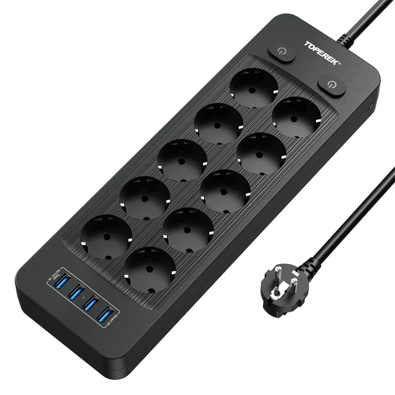 Most Popular Smart USB Multiple Protection Outlet Strip 10 AC Outlets and 4 USB Ports Universal Extension Board for Desktop