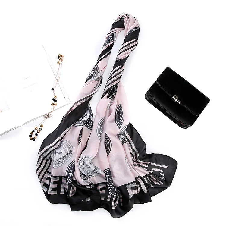 Simple Temperament Sunscreen Women Letter Circle Pattern Print Shawl Scarf New Silk Stain Digital Print Scarves In Bulk
