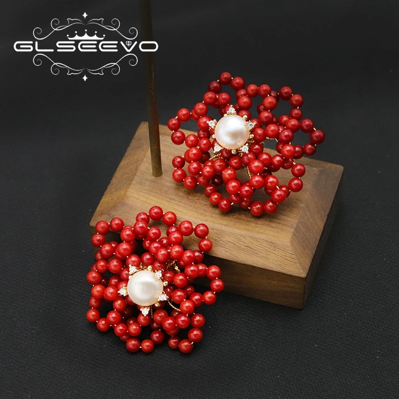Natural Pearl Multilayer Red Coral Flower Earrings 18K Gold Plated Trendy Beaded good quality Earring for women  girls Jewelry