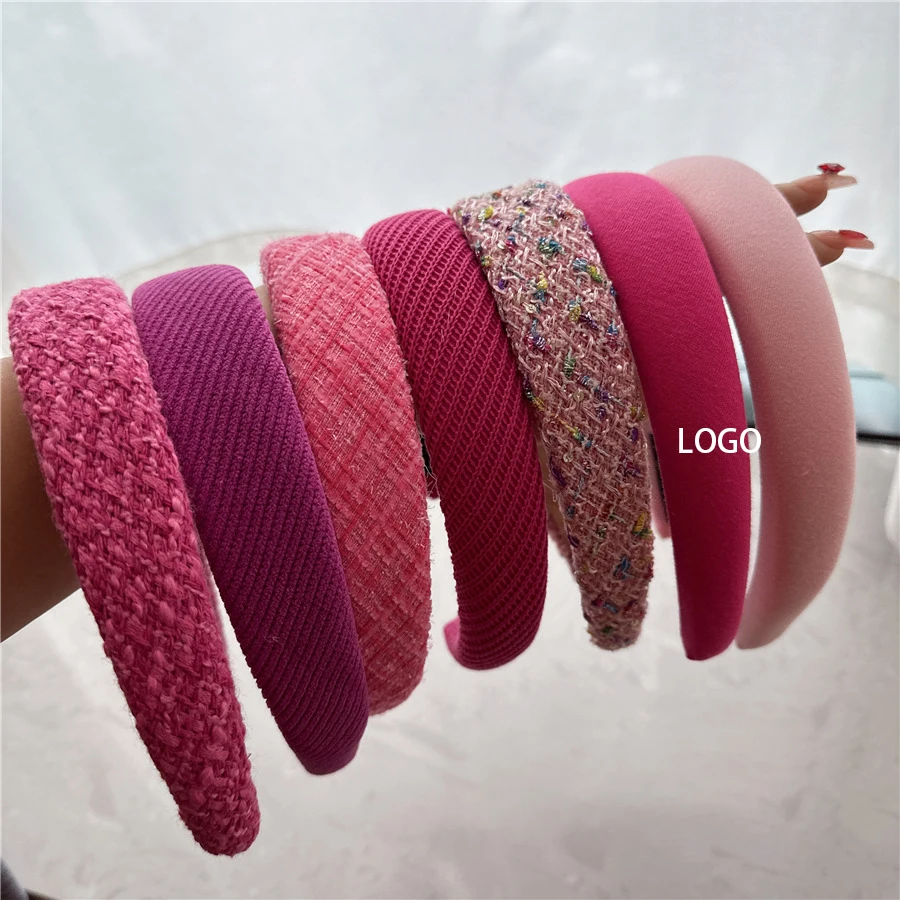 Catalog Famous Luxury Brand Designer Accessories Women Girls Wide Sponge Padded Hairband Thick Winter Tweed Fabric Pink Headband