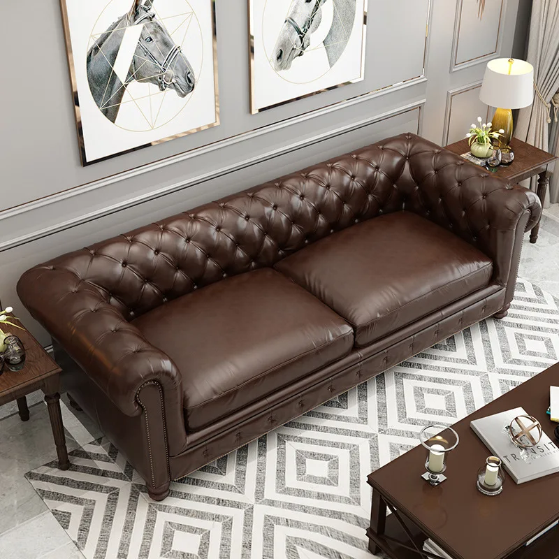 Living Room Design Luxury Modern Furniture Brown Leather Loveseat Chesterfield Sofa