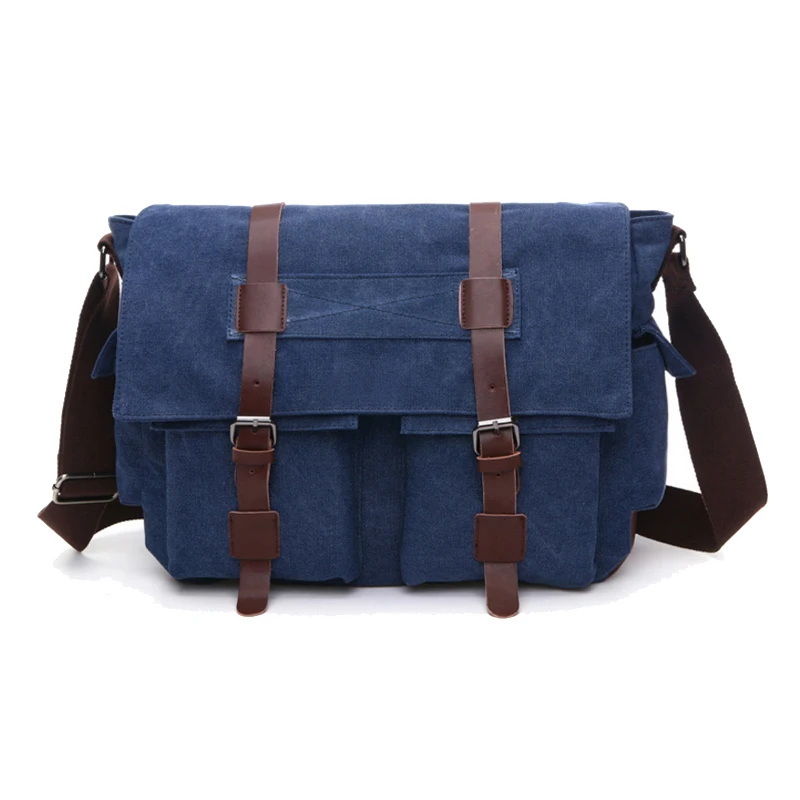 china supplier blue canvas cotton messenger bag for men with two front pockets
