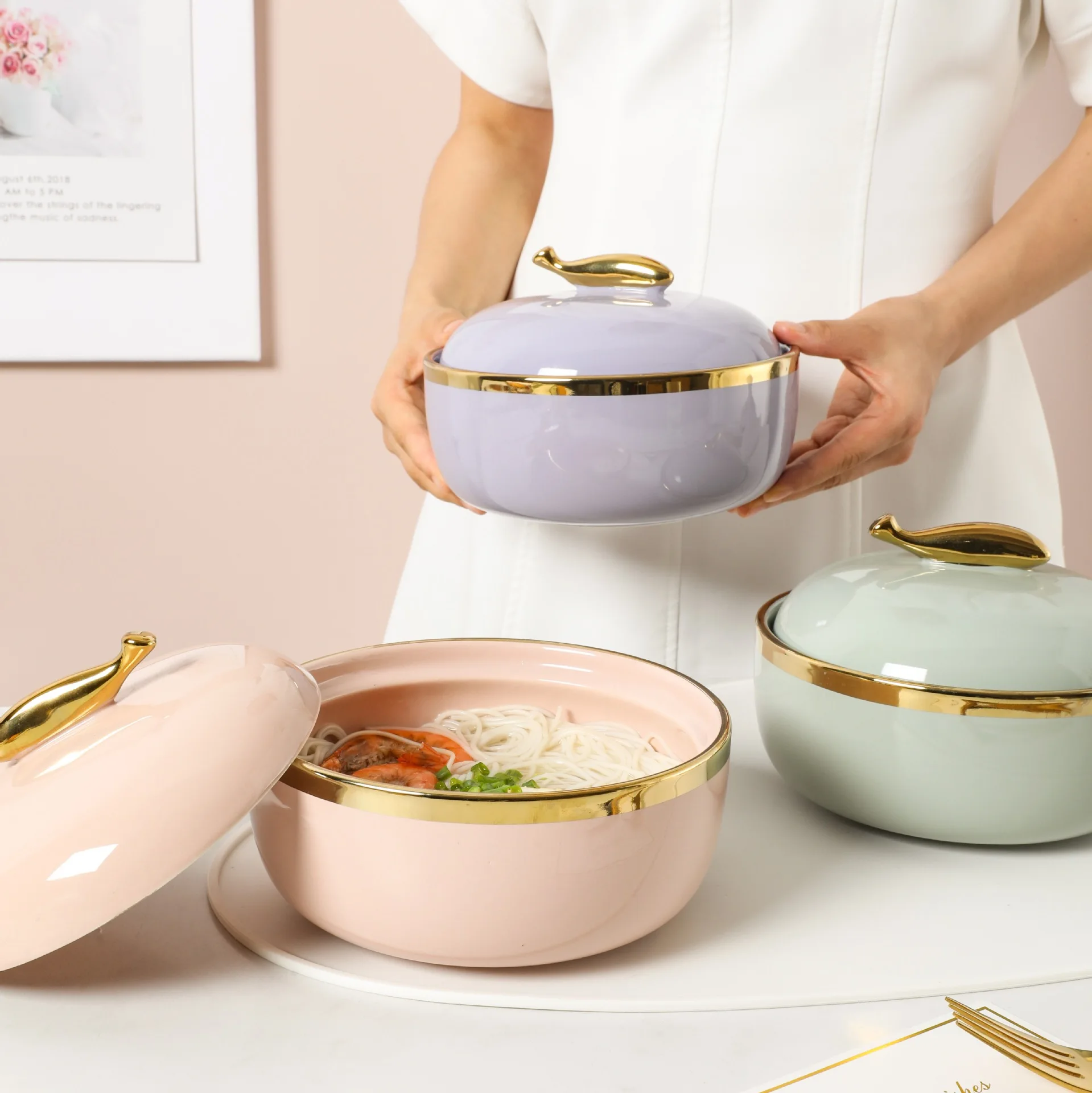 AL Luxury High Quality Ceramic Golden Line Bowl Noodle Soup Bowl Salad Bowl With Lid